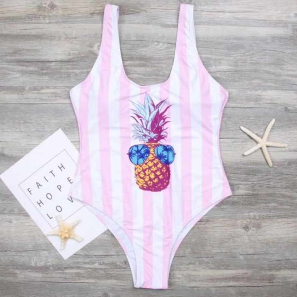 Pink and White Striped Pineapple One-Piece